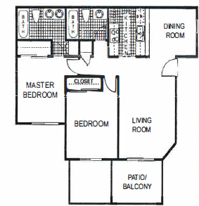 Floor plan for 2 beds, 2 baths, 850 sqft